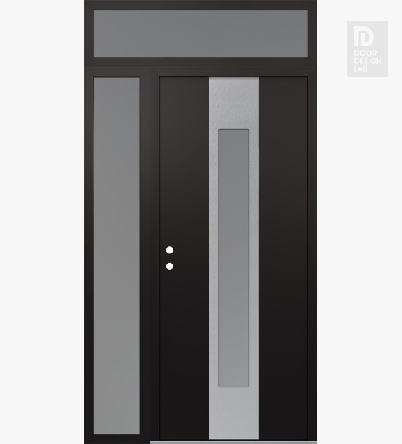 Modern Steel Front Door DIAMOND A1 52" X 96" BLACK/WHITE FROSTED GLASS PANEL STAINLESS STEEL RHI WITH SIDELITE AND TRANSOM FROSTED GLASS