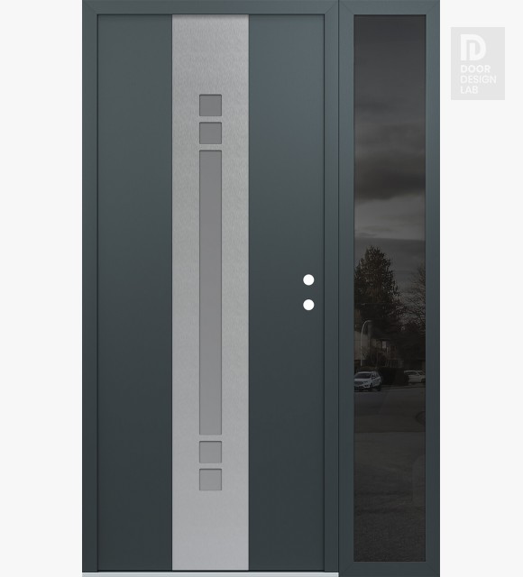 Modern Steel Front Door DIAMOND A4 48" X 80" ANTHRACITE/ANTHRACITE FROSTED GLASS PANEL STAINLESS STEEL LHI WITH SIDELITE MIRRORED GLASS