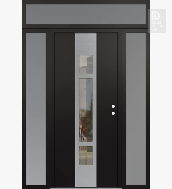 Modern Steel Front Door DIAMOND A9 68" X 96" BLACK/BLACK CLEAR GLASS PANEL STAINLESS STEEL LHI WITH 2 SIDELITES AND TRANSOM FROSTED GLASS
