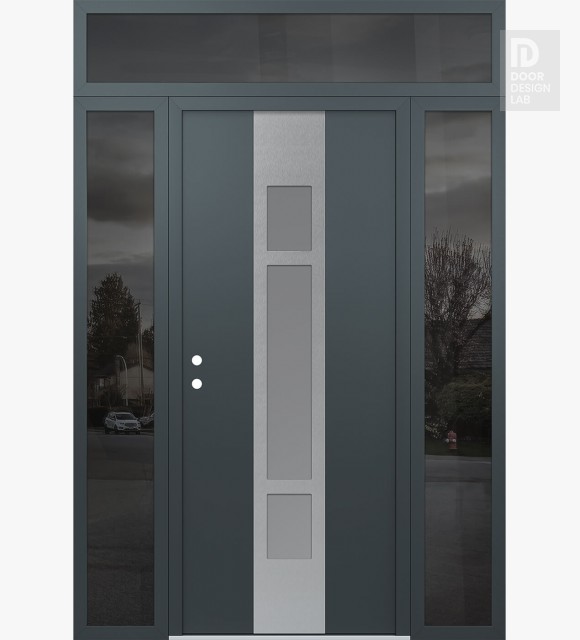 Modern Steel Front Door DIAMOND A9 64" X 96" ANTHRACITE/ANTHRACITE FROSTED GLASS PANEL STAINLESS STEEL RHI WITH 2 SIDELITES AND TRANSOM MIRRORED GLASS