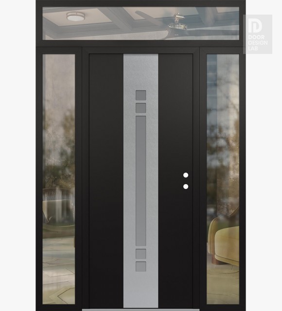 Modern Steel Front Door DIAMOND A4 60" X 96" BLACK/WHITE FROSTED GLASS PANEL STAINLESS STEEL LHI WITH 2 SIDELITES AND TRANSOM CLEAR GLASS