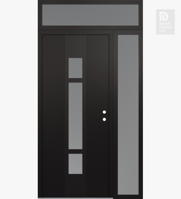 Modern Steel Front Door DIAMOND A9 50" X 96" BLACK/WHITE FROSTED GLASS PANEL BLACK LHI WITH SIDELITE AND TRANSOM FROSTED GLASS