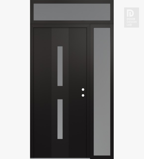Modern Steel Front Door DIAMOND A6 48" X 96" BLACK/WHITE FROSTED GLASS PANEL BLACK LHI WITH SIDELITE AND TRANSOM FROSTED GLASS