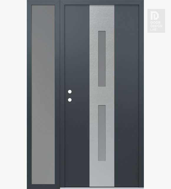 Modern Steel Front Door DIAMOND A6 52" X 80" ANTHRACITE/ANTHRACITE FROSTED GLASS PANEL STAINLESS STEEL RHI WITH SIDELITE FROSTED GLASS