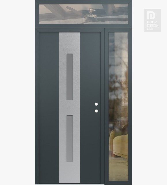 Modern Steel Front Door DIAMOND A6 50" X 96" ANTHRACITE/ANTHRACITE FROSTED GLASS PANEL STAINLESS STEEL LHI WITH SIDELITE AND TRANSOM CLEAR GLASS