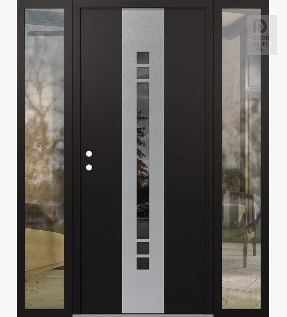 Modern Steel Front Door DIAMOND A4 64" X 80" BLACK/BLACK MIRRORED GLASS PANEL STAINLESS STEEL RHI WITH 2 SIDELITES CLEAR GLASS
