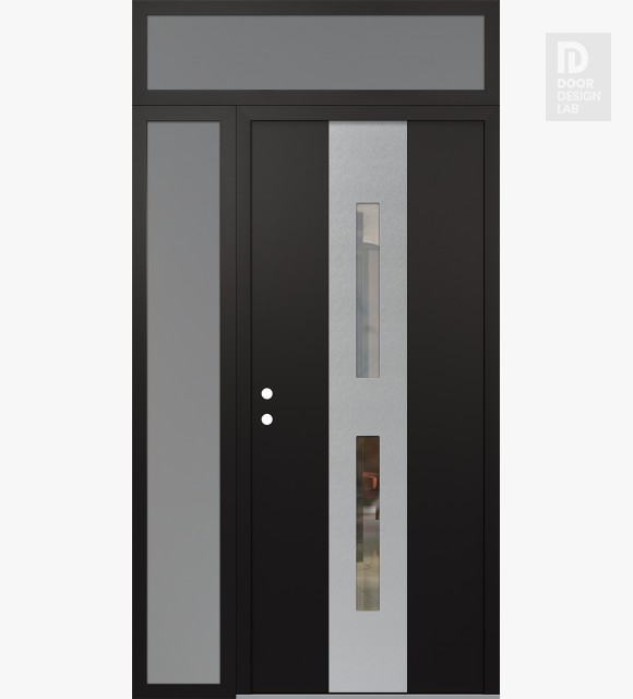 Modern Steel Front Door DIAMOND A6 52" X 96" BLACK/BLACK CLEAR GLASS PANEL STAINLESS STEEL RHI WITH SIDELITE AND TRANSOM FROSTED GLASS