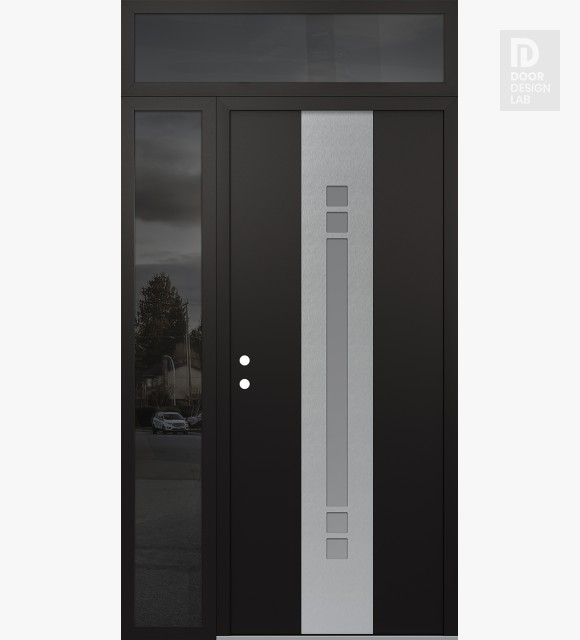 Modern Steel Front Door DIAMOND A4 48" X 96" BLACK/WHITE FROSTED GLASS PANEL STAINLESS STEEL RHI WITH SIDELITE AND TRANSOM MIRRORED GLASS