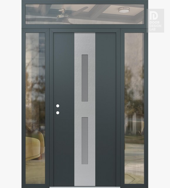Modern Steel Front Door DIAMOND A6 60" X 96" ANTHRACITE/ANTHRACITE FROSTED GLASS PANEL STAINLESS STEEL RHI WITH 2 SIDELITES AND TRANSOM CLEAR GLASS