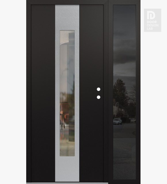 Modern Steel Front Door DIAMOND A1 52" X 80" BLACK/BLACK CLEAR GLASS PANEL STAINLESS STEEL LHI WITH SIDELITE MIRRORED GLASS