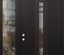 Modern Steel Front Door DIAMOND A4 50" X 96" BLACK/BLACK CLEAR GLASS PANEL BLACK RHI WITH SIDELITE AND TRANSOM CLEAR GLASS
