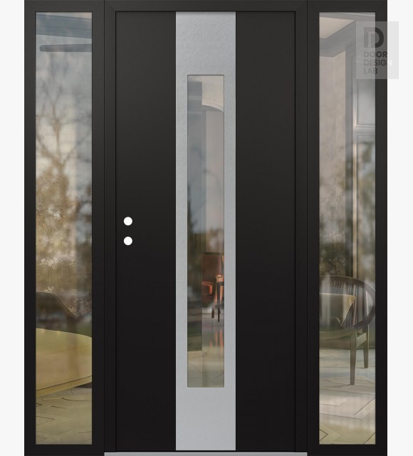 Modern Steel Front Door DIAMOND A1 60" X 80" BLACK/BLACK CLEAR GLASS PANEL STAINLESS STEEL RHI WITH 2 SIDELITES CLEAR GLASS