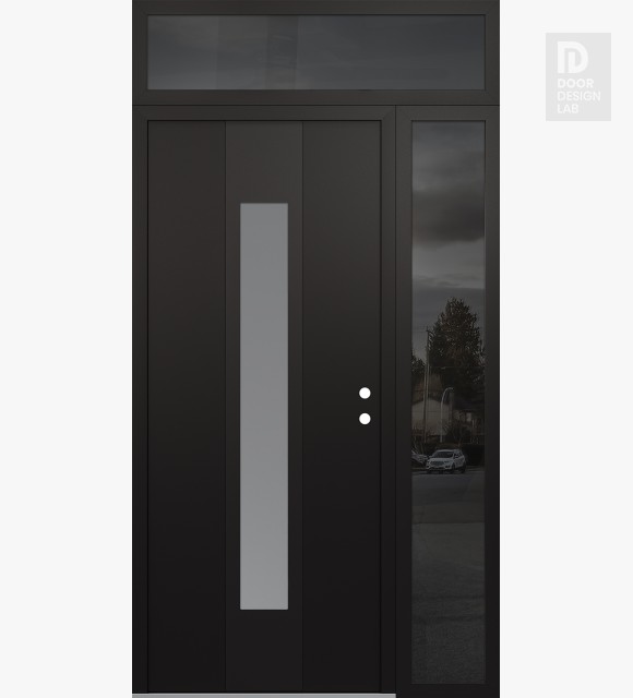 Modern Steel Front Door DIAMOND A1 52" X 96" BLACK/WHITE FROSTED GLASS PANEL BLACK LHI WITH SIDELITE AND TRANSOM MIRRORED GLASS