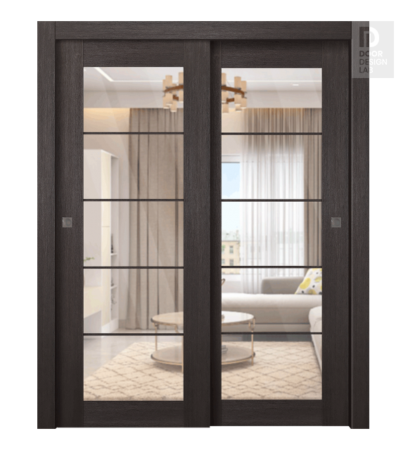 Avon 5 Lite Clear Vetro Veralinga Oak Modern Interior Bypass Doors by Belldinni