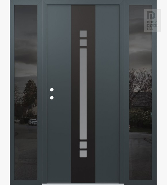 Modern Steel Front Door DIAMOND A4 64" X 80" ANTHRACITE/ANTHRACITE FROSTED GLASS PANEL BLACK RHI WITH 2 SIDELITES MIRRORED GLASS