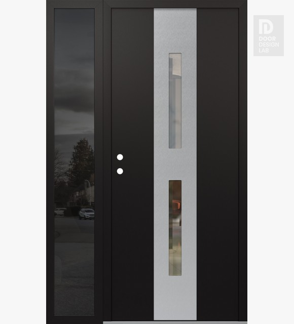 Modern Steel Front Door DIAMOND A6 48" X 80" BLACK/BLACK CLEAR GLASS PANEL STAINLESS STEEL RHI WITH SIDELITE MIRRORED GLASS