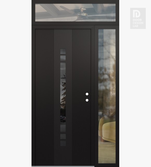 Modern Steel Front Door DIAMOND A4 48" X 96" BLACK/BLACK MIRRORED GLASS PANEL BLACK LHI WITH SIDELITE AND TRANSOM CLEAR GLASS