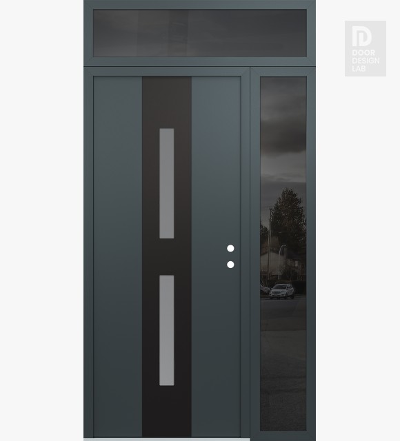 Modern Steel Front Door DIAMOND A6 48" X 96" ANTHRACITE/ANTHRACITE FROSTED GLASS PANEL BLACK LHI WITH SIDELITE AND TRANSOM MIRRORED GLASS