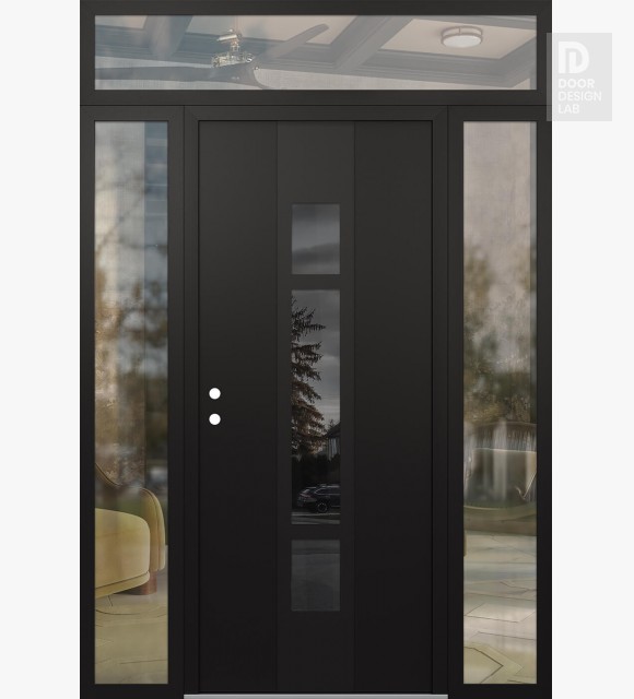Modern Steel Front Door DIAMOND A9 68" X 96" BLACK/BLACK MIRRORED GLASS PANEL BLACK RHI WITH 2 SIDELITES AND TRANSOM CLEAR GLASS