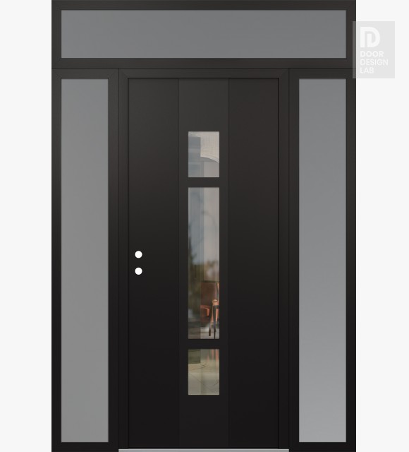 Modern Steel Front Door DIAMOND A9 64" X 96" BLACK/BLACK CLEAR GLASS PANEL BLACK RHI WITH 2 SIDELITES AND TRANSOM FROSTED GLASS