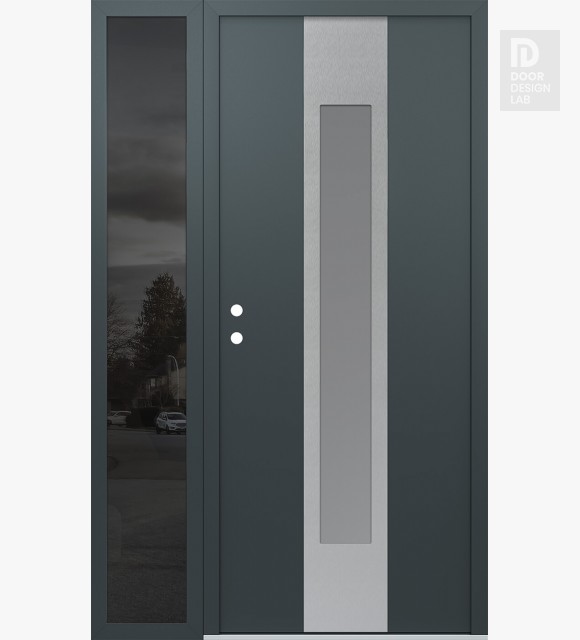 Modern Steel Front Door DIAMOND A1 50" X 80" ANTHRACITE/ANTHRACITE FROSTED GLASS PANEL STAINLESS STEEL RHI WITH SIDELITE MIRRORED GLASS