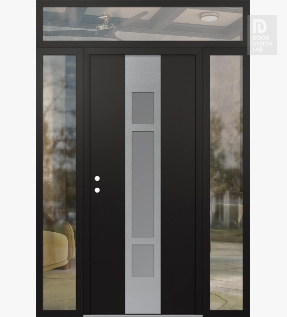 Modern Steel Front Door DIAMOND A9 68" X 96" BLACK/WHITE FROSTED GLASS PANEL STAINLESS STEEL RHI WITH 2 SIDELITES AND TRANSOM CLEAR GLASS
