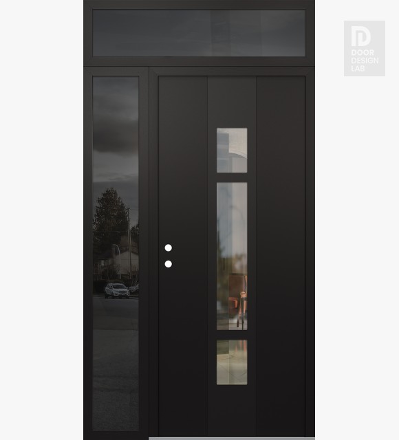 Modern Steel Front Door DIAMOND A9 52" X 96" BLACK/BLACK CLEAR GLASS PANEL BLACK RHI WITH SIDELITE AND TRANSOM MIRRORED GLASS