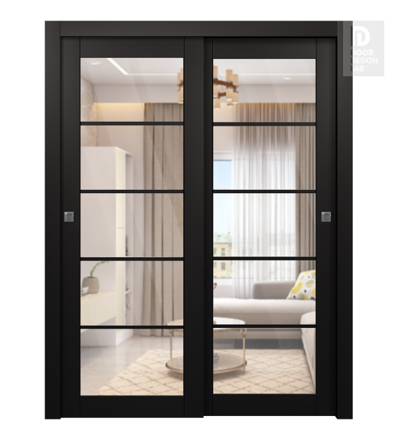 Avon 5 Lite Clear Vetro Black Matte Modern Interior Bypass Doors by Belldinni