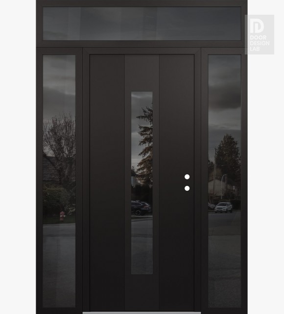 Modern Steel Front Door DIAMOND A1 60" X 96" BLACK/BLACK MIRRORED GLASS PANEL BLACK LHI WITH 2 SIDELITES AND TRANSOM MIRRORED GLASS