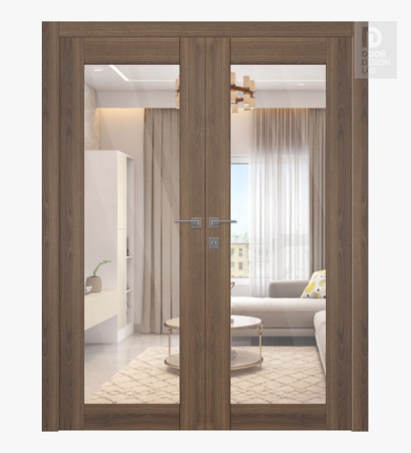 Avon 207 Clear Vetro Pecan Nutwood Modern Interior Double Swing Doors by Belldinni
