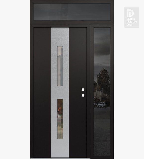 Modern Steel Front Door DIAMOND A6 52" X 96" BLACK/BLACK CLEAR GLASS PANEL STAINLESS STEEL LHI WITH SIDELITE AND TRANSOM MIRRORED GLASS