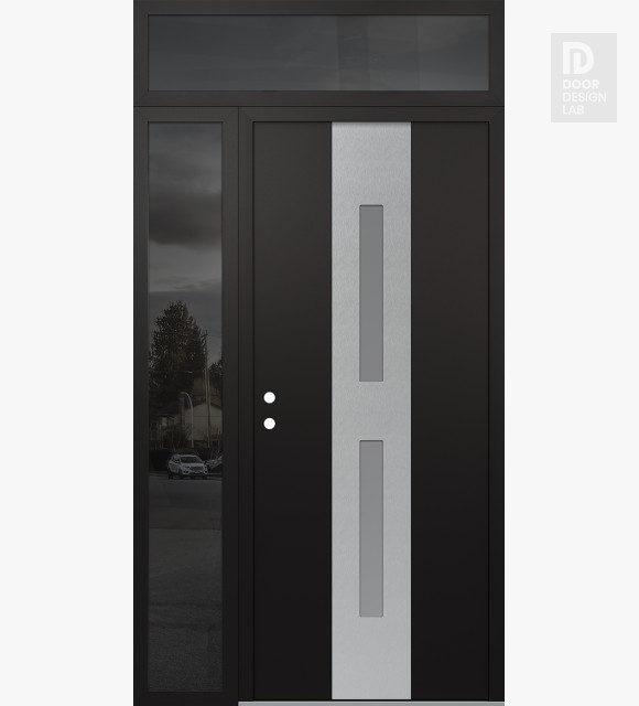 Modern Steel Front Door DIAMOND A6 52" X 96" BLACK/WHITE FROSTED GLASS PANEL STAINLESS STEEL RHI WITH SIDELITE AND TRANSOM MIRRORED GLASS