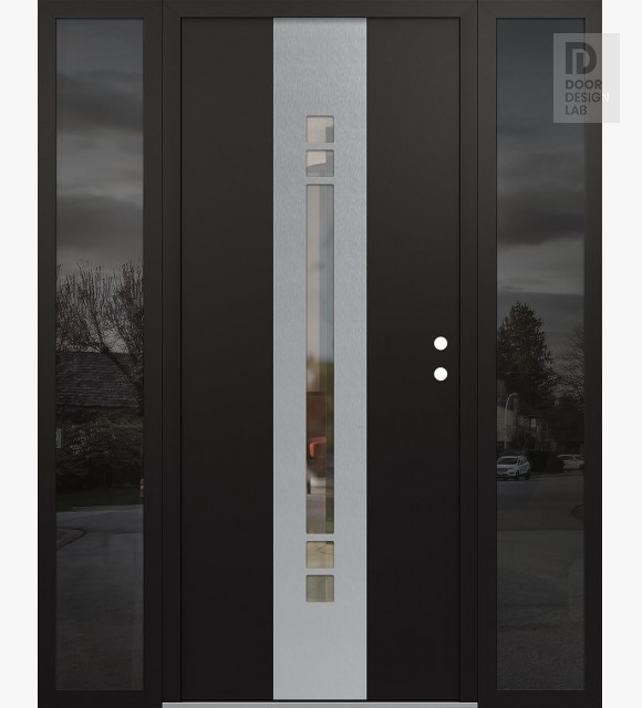 Modern Steel Front Door DIAMOND A4 64" X 80" BLACK/BLACK CLEAR GLASS PANEL STAINLESS STEEL LHI WITH 2 SIDELITES MIRRORED GLASS