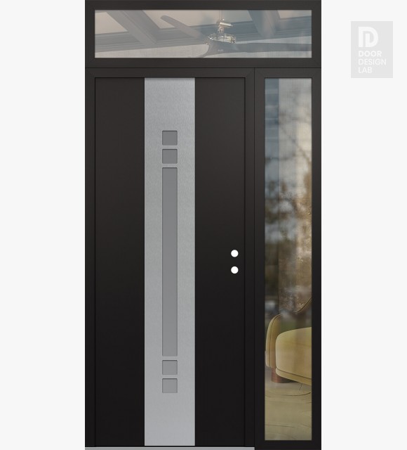 Modern Steel Front Door DIAMOND A4 50" X 96" BLACK/WHITE FROSTED GLASS PANEL STAINLESS STEEL LHI WITH SIDELITE AND TRANSOM CLEAR GLASS