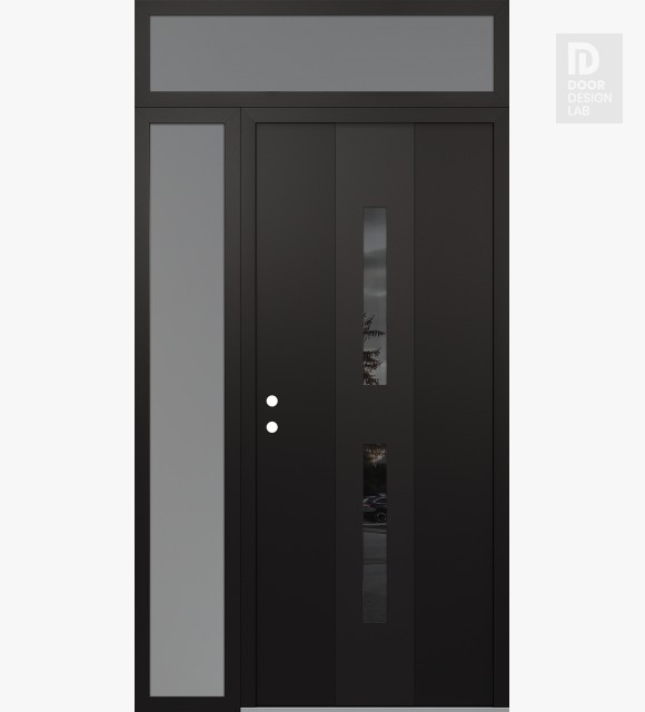 Modern Steel Front Door DIAMOND A6 50" X 96" BLACK/BLACK MIRRORED GLASS PANEL BLACK RHI WITH SIDELITE AND TRANSOM FROSTED GLASS