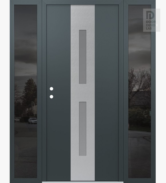 Modern Steel Front Door DIAMOND A6 60" X 80" ANTHRACITE/ANTHRACITE FROSTED GLASS PANEL STAINLESS STEEL RHI WITH 2 SIDELITES MIRRORED GLASS