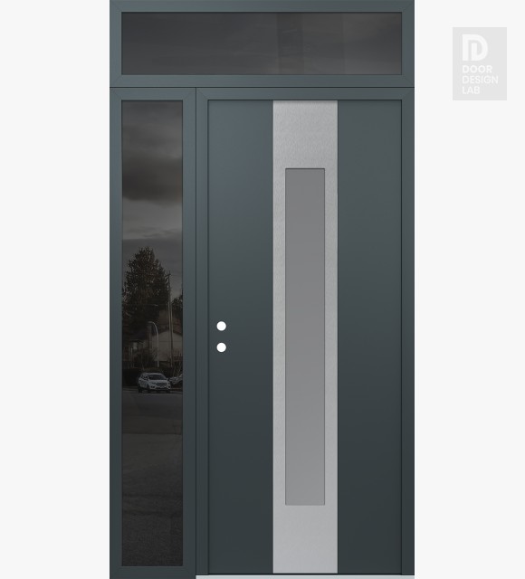 Modern Steel Front Door DIAMOND A1 50" X 96" ANTHRACITE/ANTHRACITE FROSTED GLASS PANEL STAINLESS STEEL RHI WITH SIDELITE AND TRANSOM MIRRORED GLASS
