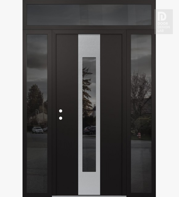 Modern Steel Front Door DIAMOND A1 60" X 96" BLACK/BLACK MIRRORED GLASS PANEL STAINLESS STEEL RHI WITH 2 SIDELITES AND TRANSOM MIRRORED GLASS