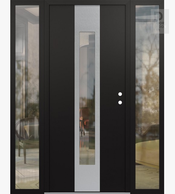 Modern Steel Front Door DIAMOND A1 68" X 80" BLACK/BLACK CLEAR GLASS PANEL STAINLESS STEEL LHI WITH 2 SIDELITES CLEAR GLASS
