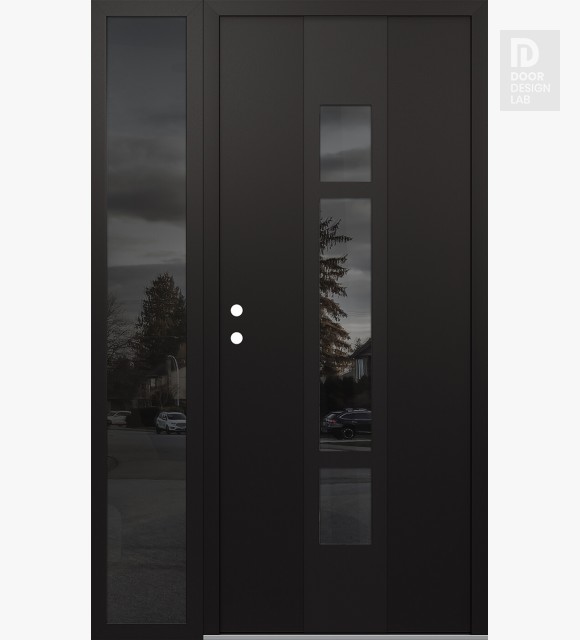 Modern Steel Front Door DIAMOND A9 50" X 80" BLACK/BLACK MIRRORED GLASS PANEL BLACK RHI WITH SIDELITE MIRRORED GLASS