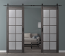 DOUBLE BARN DOOR PALLADIO 10 LITE VETRO GRAY OAK 48" X 80" X 1 9/16" TEMPERED FROSTED GLASS BLACK HARDWARE