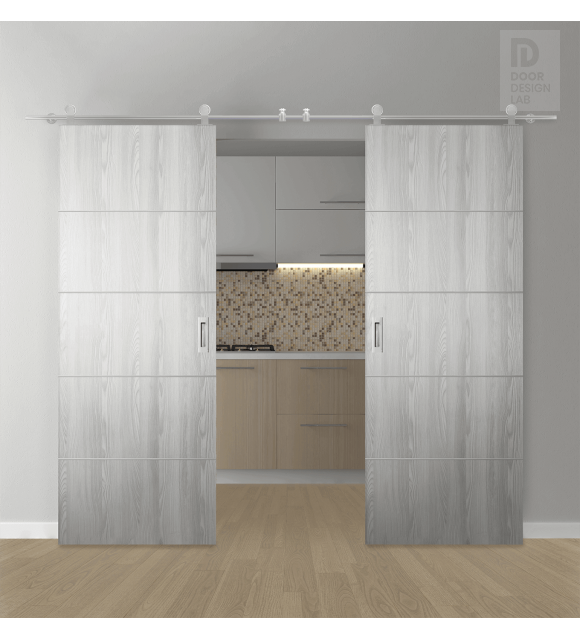 DOUBLE BARN DOOR OPTIMA 4H RIBEIRA ASH 48" X 96" X 1 3/4" SOLID CORE STAINLESS STEEL HARDWARE