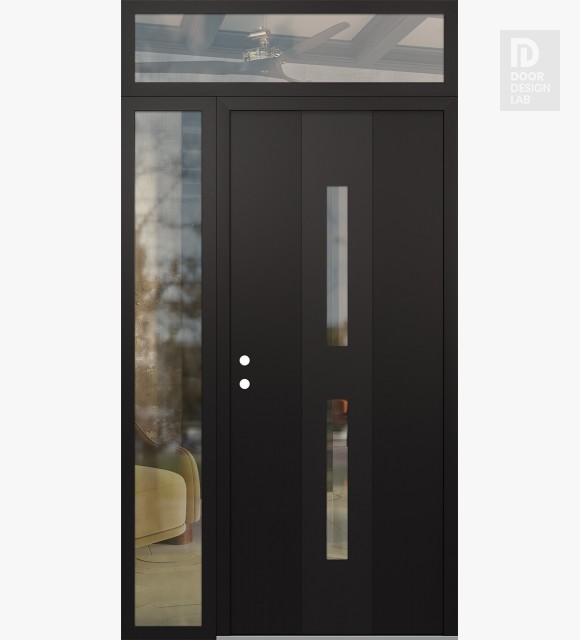 Modern Steel Front Door DIAMOND A6 50" X 96" BLACK/BLACK CLEAR GLASS PANEL BLACK RHI WITH SIDELITE AND TRANSOM CLEAR GLASS
