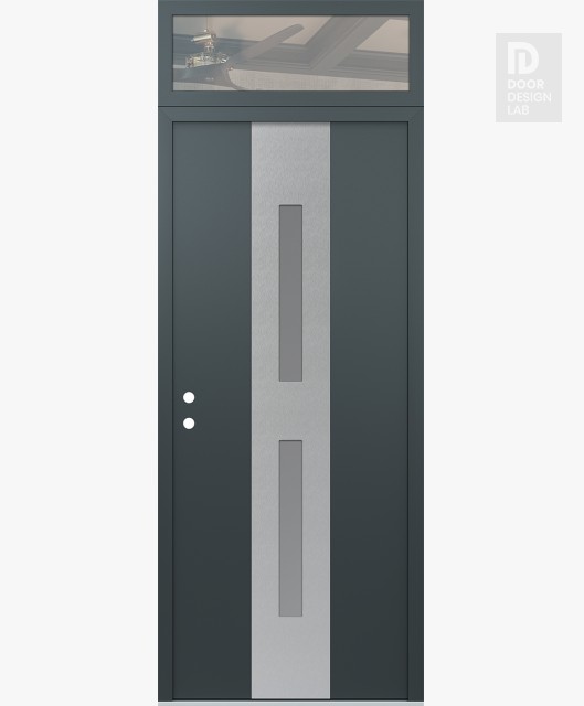 Modern Steel Front Door DIAMOND A6 36" X 96" ANTHRACITE/ANTHRACITE FROSTED GLASS PANEL STAINLESS STEEL RHI WITH TRANSOM CLEAR GLASS