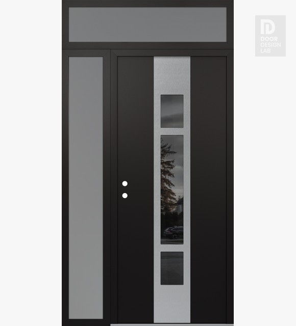 Modern Steel Front Door DIAMOND A9 50" X 96" BLACK/BLACK MIRRORED GLASS PANEL STAINLESS STEEL RHI WITH SIDELITE AND TRANSOM FROSTED GLASS