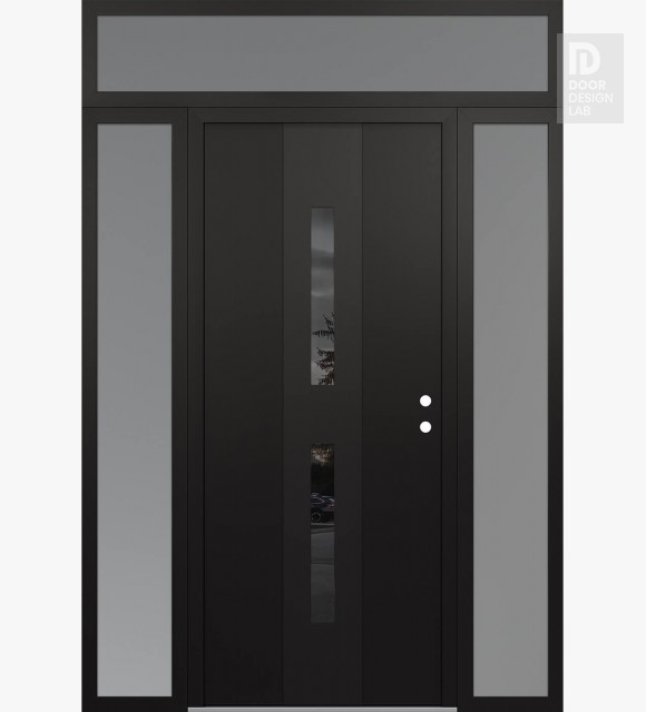 Modern Steel Front Door DIAMOND A6 68" X 96" BLACK/BLACK MIRRORED GLASS PANEL BLACK LHI WITH 2 SIDELITES AND TRANSOM FROSTED GLASS