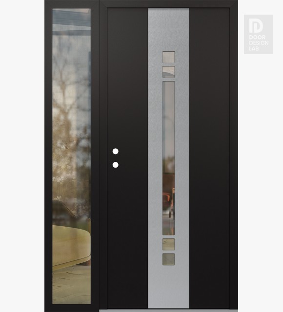 Modern Steel Front Door DIAMOND A4 48" X 80" BLACK/BLACK CLEAR GLASS PANEL STAINLESS STEEL RHI WITH SIDELITE CLEAR GLASS