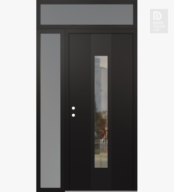 Modern Steel Front Door DIAMOND A1 50" X 96" BLACK/BLACK CLEAR GLASS PANEL BLACK RHI WITH SIDELITE AND TRANSOM FROSTED GLASS