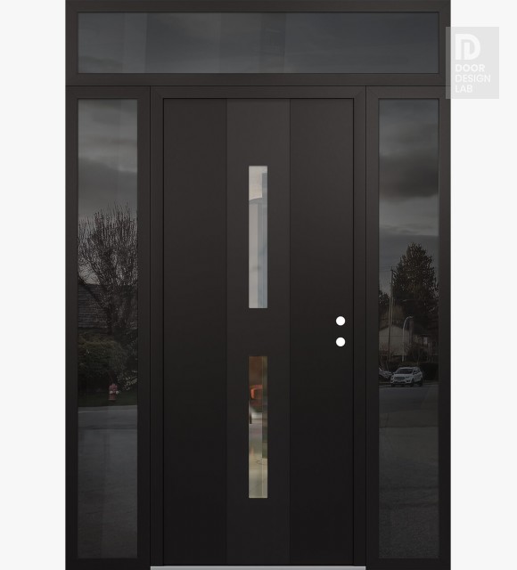 Modern Steel Front Door DIAMOND A6 60" X 96" BLACK/BLACK CLEAR GLASS PANEL BLACK LHI WITH 2 SIDELITES AND TRANSOM MIRRORED GLASS