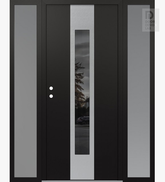 Modern Steel Front Door DIAMOND A1 64" X 80" BLACK/BLACK MIRRORED GLASS PANEL STAINLESS STEEL RHI WITH 2 SIDELITES FROSTED GLASS